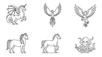 Fototapeta premium Mythical creatures compilation in linear style showcasing fantasy world elements design