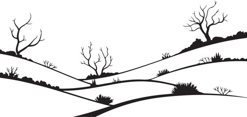 Black and white silhouette of rolling hills with bare trees and bushes