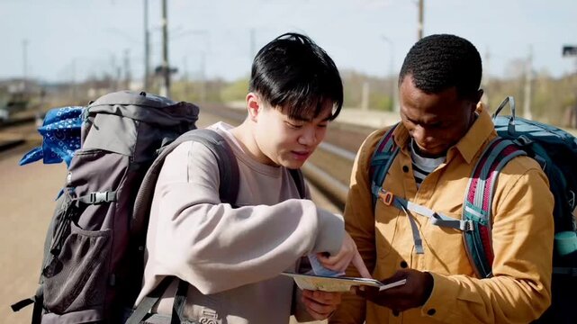 two passengers man talking together with map in train station 