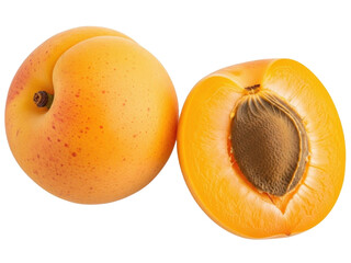 Isolated ripe apricot fruits, whole and half cut showing the pit or kernel, studio food shot