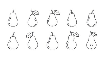 Various stages of minimalist pear outlines showcasing a progression with leaves or bite marks