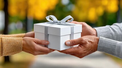 Volunteer handing donation box to charity organization, bright outdoor scene, copy space,