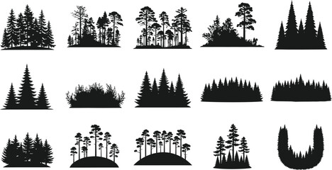 Collection of black silhouette forest trees and woodland scenes for design elements