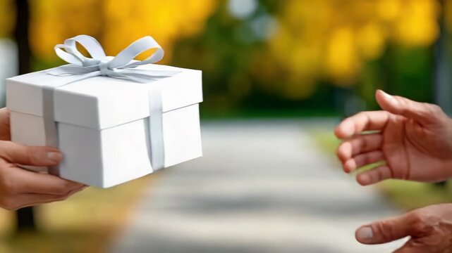 Volunteer handing donation box to charity organization, bright outdoor scene, copy space,