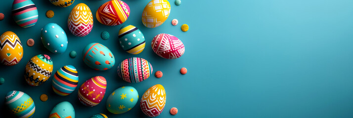 Flat lay composition of brightly decorated Easter eggs placed on a vibrant turquoise blue background. The eggs feature a variety of bold, geometric patterns in vivid colors like yellow, magenta, white