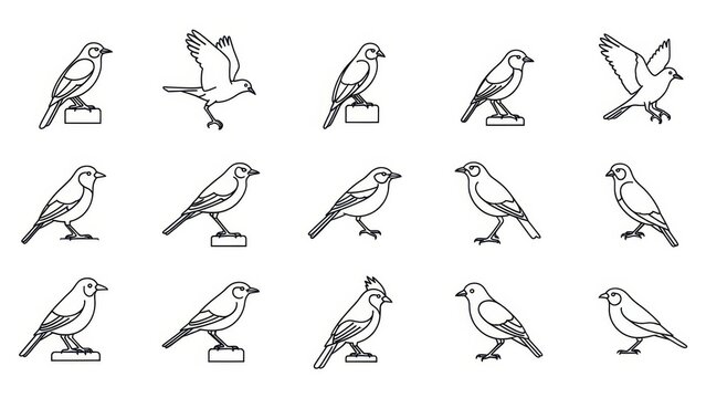 Collection of minimalist line art depicting various bird species in different poses and sizes - Powered by Adobe