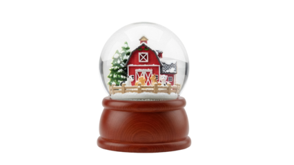 Festive snow globe with barn and animals PNG isolated on transparent background, winter holiday decoration for Christmas and New Year