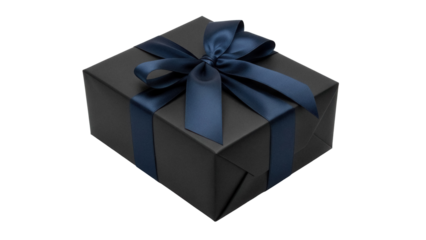 Elegant black gift box with navy blue ribbon isolated PNG, present for special occasions and holidays on transparent background