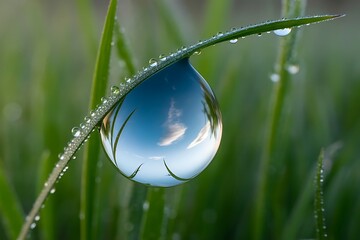 Water drops on green grass, a wet dew macro reflection of nature