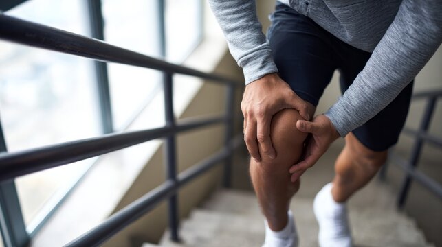Man suffering from severe knee pain after exercising, standing on stairs and clutching his injured leg. The pain is intense. Knee pain