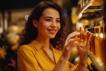 Woman choosing fragrance in perfume shop smiling