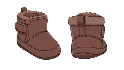 Illustrative representation showcases charming pair of plush-lined brown booties designed for infant's comfort footwear featuring secure design