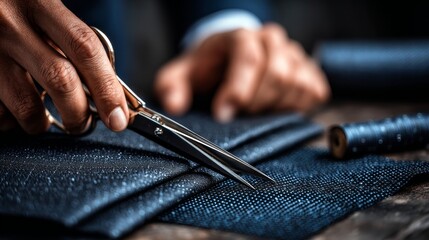 Tailor cutting fabric with scissors for a bespoke suit