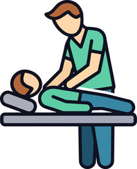 Vector icon of physiotherapist performing physical therapy on a patient lying on a treatment table white