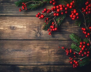 Christmas red berries and fir branches on rustic wooden background