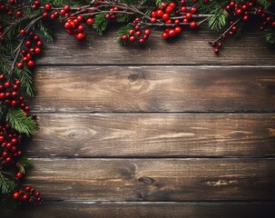 Christmas fir branches with red berries on rustic wooden background