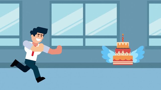 A businessman runs after a flying birthday cake with wings, symbolizing the pursuit of celebration, happiness, goals, and special moments in life or business, set in an office background.

