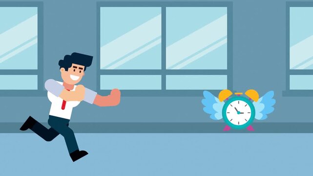 A businessman runs after a flying clock, symbolizing time management, deadline, urgency, and chasing time in business, with a blue office background.


