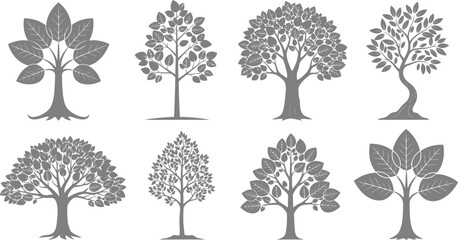 Collection of detailed black and white tree silhouettes in various shapes and sizes