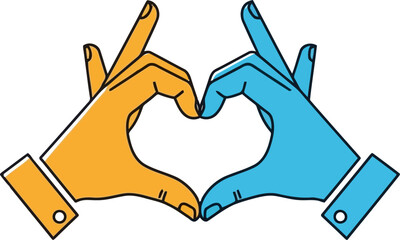 Vector icon of two hands making a heart shape, one orange and one blue, white