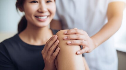 Professional physiotherapist treating a woman's knee for pain relief and physical recovery in a clinic setting. Knee pain
