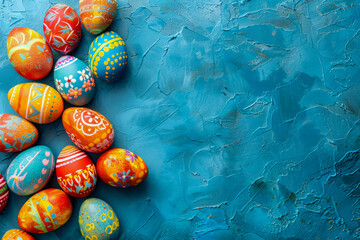 Easter eggs with folk-style patterns on textured blue background in colorful festive cluster