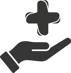 Vector icon of hand holding a medical plus sign icon, white