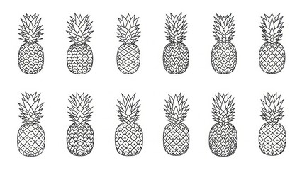 Doodle style, tropical fruit motif with pineapple outlines in an assorted pattern array