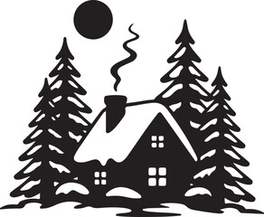 Black silhouette of a snow covered cabin with trees and moon