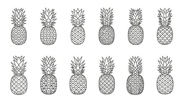 Doodle style, tropical fruit motif with pineapple outlines in an assorted pattern array - Powered by Adobe