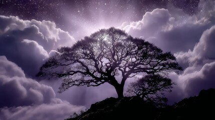 Naklejka premium Lonely tree growing on rocky hill under moonlight and cloudy sky
