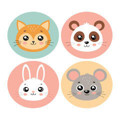Fototapeta premium Cute Kawaii Animal Faces Set in Pastel Circles