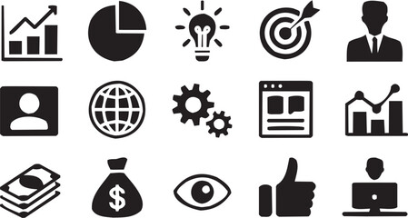 Icons Light Bulb Globe Calendar Gear. A black-and-white illustration representing ideas and planning.