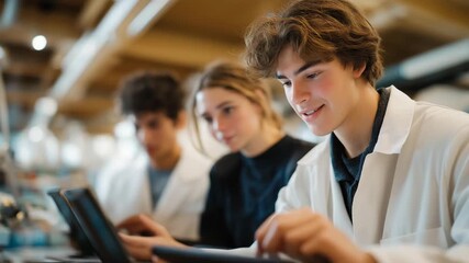 A campus research hub where students gather around open lab benches, analyzing data, testing samples, and sharing findings on tablets — STEM education, scientific exploration, and collaborative - Powered by Adobe