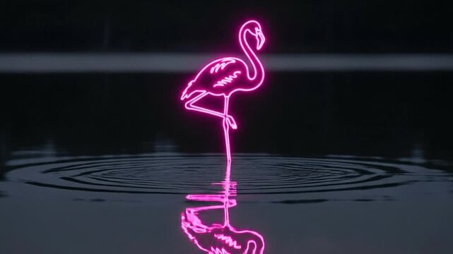 Neon Flamingo Reflection - A Vibrant Night Scene.