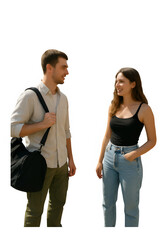 Young Couple Talking Outdoors &ndash; Transparent Cutout of Man and Woman Standing and Smiling | Casual Conversation PNG Clipart.