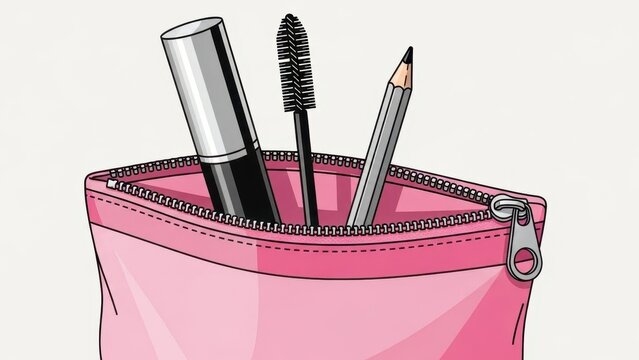 Pink makeup bag with mascara tube, eyebrow pencil and brush on a white background