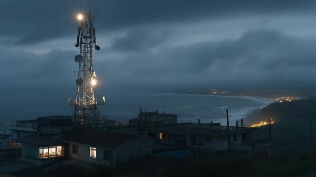 A coastal town&rsquo;s digital siren tower activating as storm alert lights flash, with dark clouds rolling in over rooftops &mdash; community preparedness, public safety infrastructure, and dramatic pre-storm