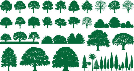 Collection of various green trees and bushes in a repeating pattern for design projects