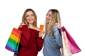Happy young women shopping with bags and credit card