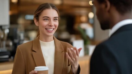 A friendly staff member in a coworking space welcoming a newcomer with a complimentary coffee while explaining the workspace amenities — collaborative professional culture, warm onboarding