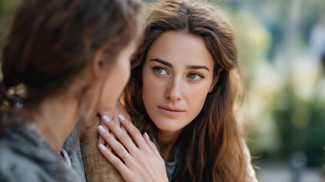 A friend reaches out to rest a comforting hand on another&rsquo;s shoulder during a difficult conversation in a park &mdash; the sunlight catching their expressions of empathy and concern. Their eyes meet with