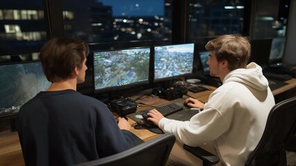 A high-tech gaming hub filled with VR stations, esports competitors at LED-lit desks, and large screens tracking tournament scores — immersive digital entertainment, competitive gaming, and youth