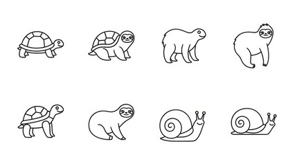 Naklejka premium Collection of slow moving animals in simple line drawings forming charming vector graphics