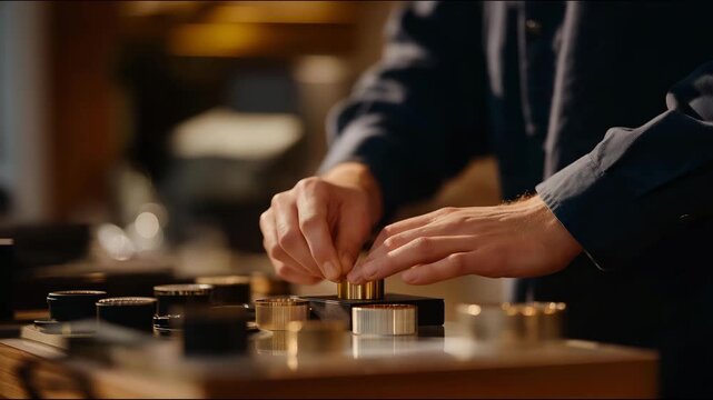 A jeweler measuring ring sizes with a polished metal sizing set, gently sliding samples onto a client&rsquo;s finger beneath warm boutique lighting &mdash; personalized craftsmanship, fine jewelry measurement,