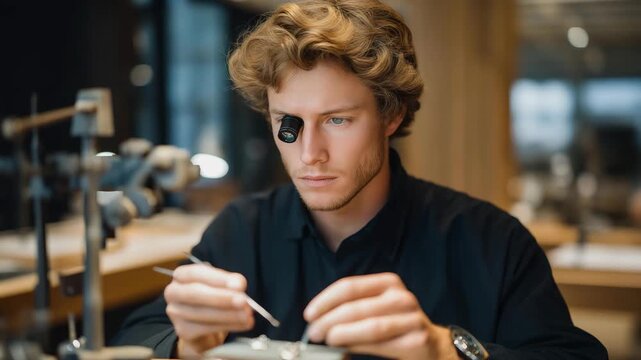 A jeweler using a loupe and calipers to measure gemstone settings, adjusting tiny metal prongs under soft bench lighting &mdash; fine craftsmanship, gemstone precision, and luxury jewelry production.