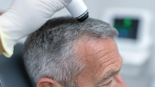 Professional scalp diagnosis using digital tool while patient sits in medical examination chair
