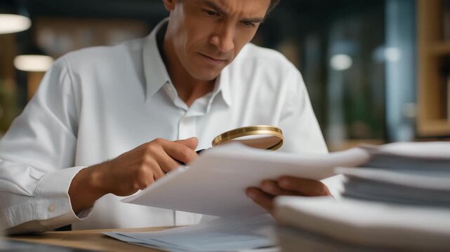 A journalist reviewing printed documents with a magnifying glass, searching for fine-print discrepancies during an investigative report &mdash; media research, truth-seeking, and document verification.