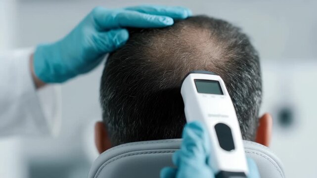 Digital dermoscopic scalp review by trichology expert with patient seated in medical chair