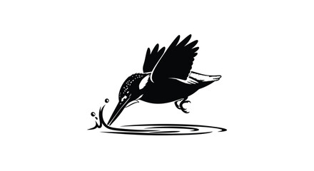 Stylized black and blue kingfisher bird logo diving into water with dynamic splash effect